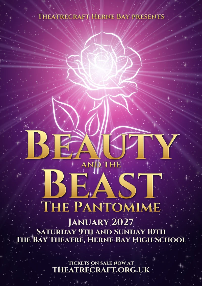 Beauty and the Beast, the pantomime. A glowing white rose drawn in light on a pink and purple starry sky, with the title in gold.