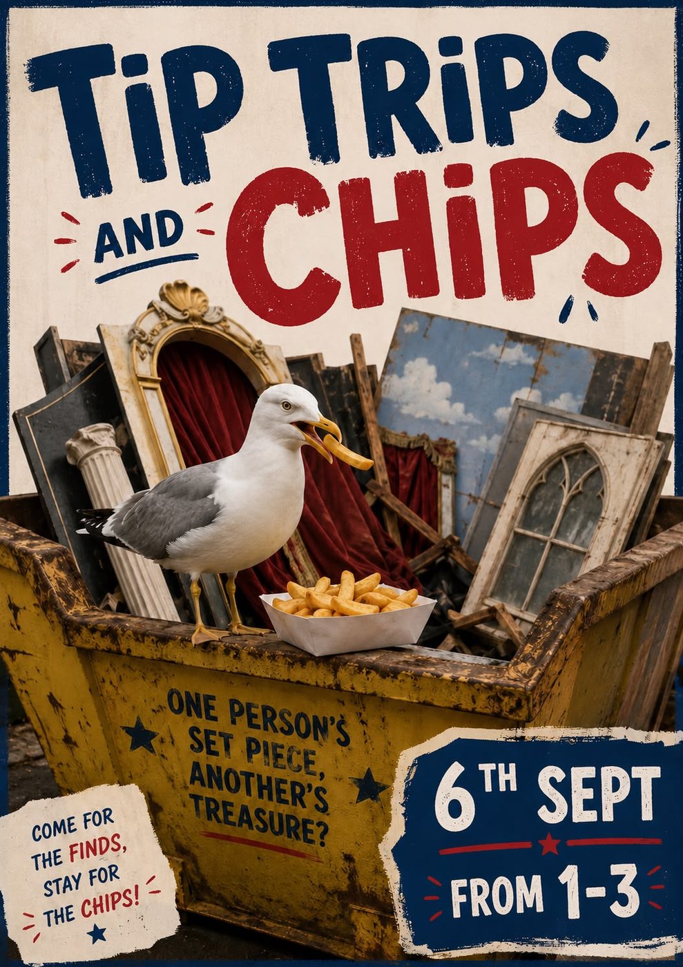 Tip Trips and Chips poster: a seagull eating a chip perched on a skip full of old set pieces. Sunday 6th September, from 1–3.